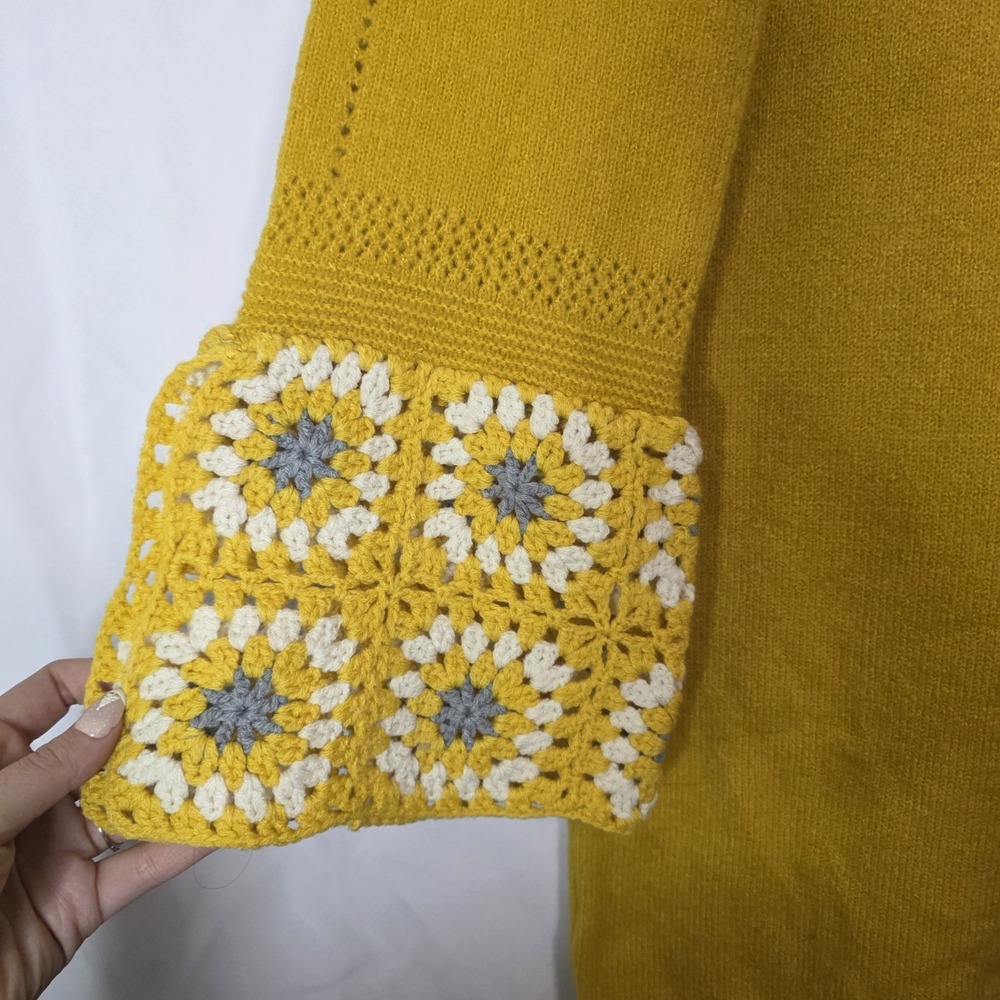 Yellow Crochet Hippie Bell Sleeve Knit Sweater Dress Cozy Cottagecore Boho M - Picture 4 of 11